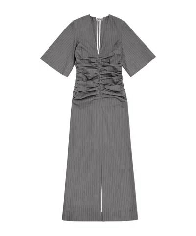 GANNI GREY STRIPED SUITING V-NECK FITTED DRESS