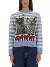 Ganni Light Blue Crewneck With Maxi Logo Print On The Front And All-over Striped Motif