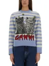 Ganni Light Blue Crewneck With Maxi Logo Print On The Front And All-over Striped Motif In Blue