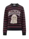 Ganni Graphic Wool Mix Poodle Stripe Crewneck Knitwear Multicolor In Black