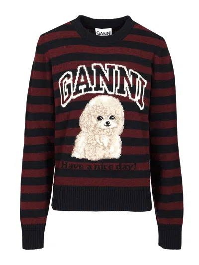 Ganni Burgundy Graphic Wool Mix Poodle Stripe Sweater In Red