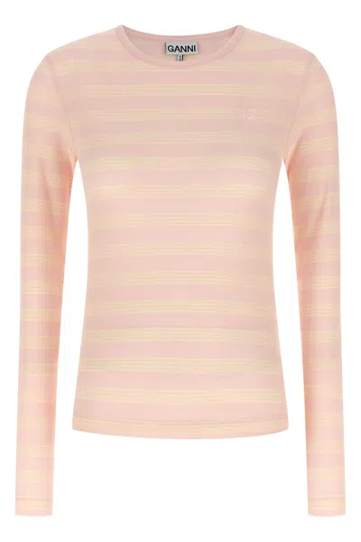 Ganni Crew Neck Striped Knit Long Sleeve Top In Pink