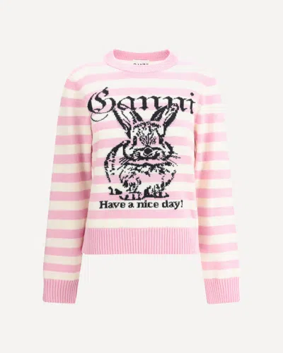 Ganni Striped Sweater With Rabbit In Pink