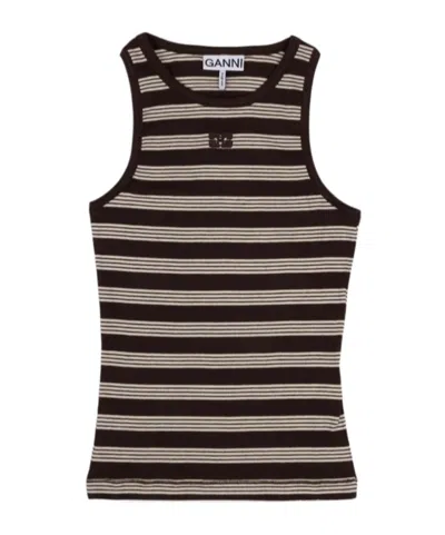 Ganni Striped Tank Top In Brown