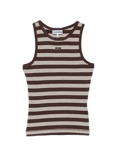 Ganni Striped Tank Top In Brown