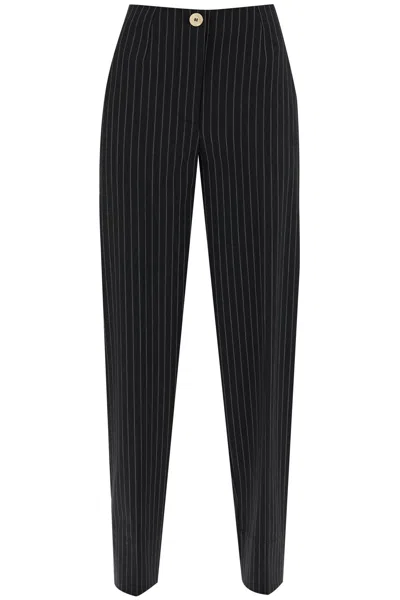 Ganni Striped Tapered Trousers In Black