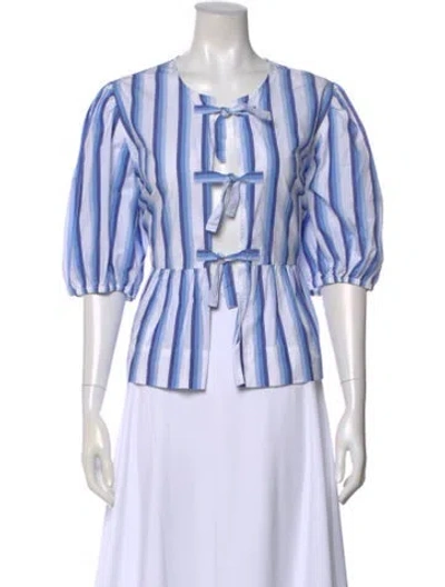 Pre-owned Ganni Striped Tie Neck Blouse In Blue/white