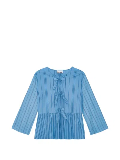 Ganni Re-cut Striped Cotton Peplum Blouse In Blue