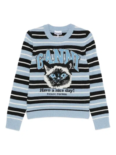 Ganni Wool Sweater Crew Neck Graphic Stripes In Blue