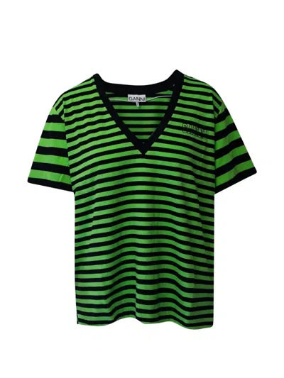Pre-owned Ganni Striped V-neck T-shirt In Green