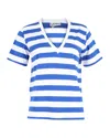 Ganni Striped V-neck T-shirt In Blue And White Cotton In Blue