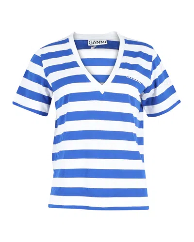 Ganni Striped V-neck T-shirt In Blue And White Cotton