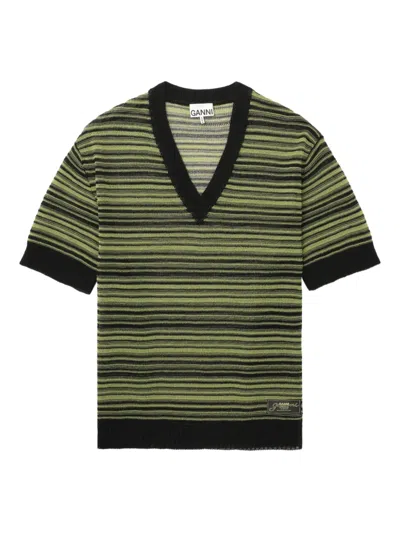 Ganni Striped V-neck T-shirt In Multi