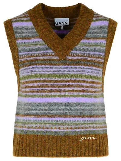 Ganni Striped V-necked Vest In Brown