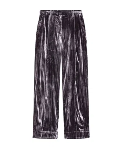 Ganni Striped Velvet-finish Straight-leg Trousers In Gray