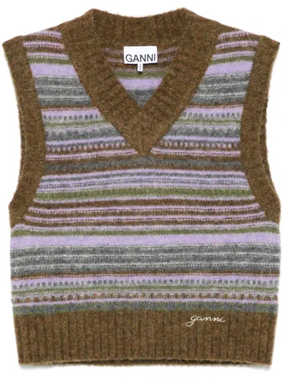 Ganni Womens Military Olive Stripe-pattern Brushed-knit Alpaca And Merino-wool Blend Vest Xl In Multi
