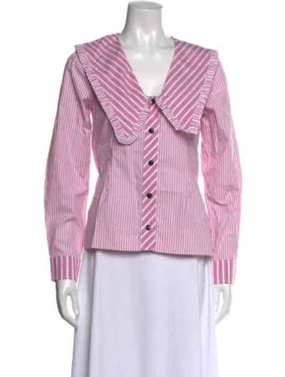 Pre-owned Ganni Striped V-neck Blouse W/ Tags In Pink