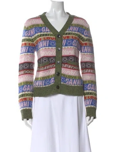 Pre-owned Ganni Striped V-neck Sweater In Green