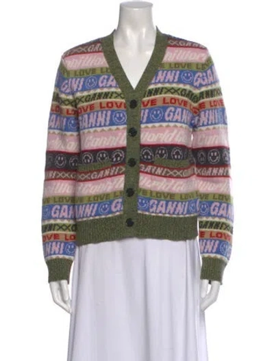 Pre-owned Ganni Striped V-neck Sweater In Green