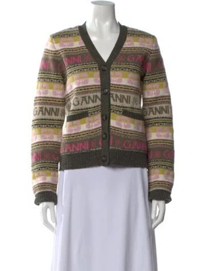 Pre-owned Ganni Striped V-neck Sweater In Neutral