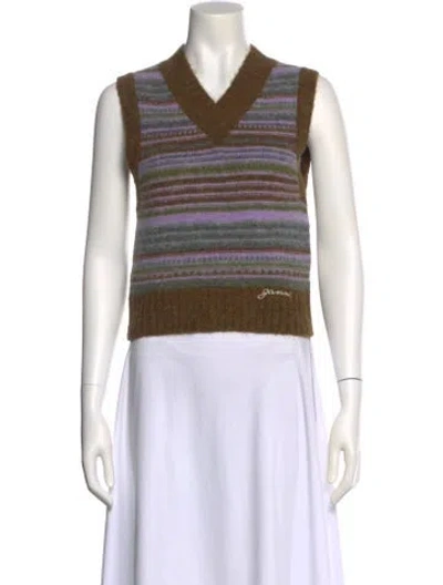 Pre-owned Ganni Striped V-neck Sweater In Purple