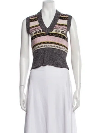 Pre-owned Ganni Striped V-neck Sweater In Purple