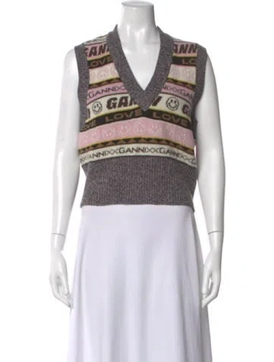 Pre-owned Ganni Striped V-neck Sweater In Purple