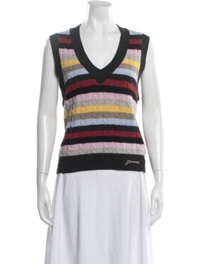 Pre-owned Ganni Striped V-neck Sweater In Red