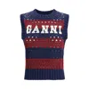 Ganni Striped Openwork Vest With Logo Inlay In Blue