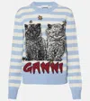 Ganni Light Blue Crewneck With Maxi Logo Print On The Front And All-over Striped Motif In Blue