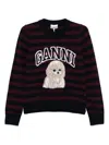 Ganni Graphic Wool Mix Poodle Stripe Crewneck Knitwear Multicolor In Burgundy