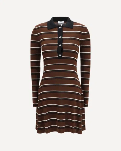 Ganni Striped Wool Polo Dress In Brown