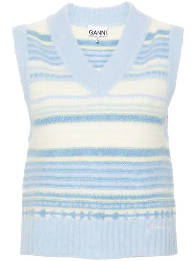 Ganni Striped Wool Vest In Blue