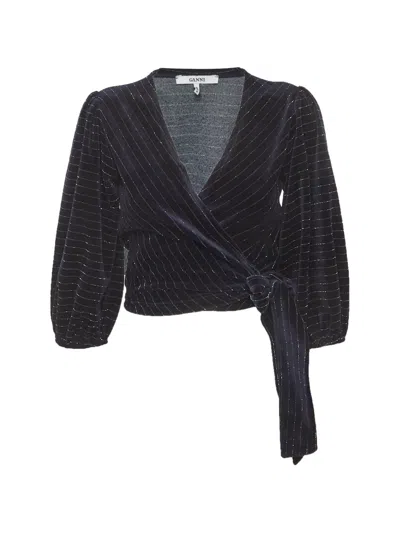 Pre-owned Ganni Striped Wrap Top In Blue