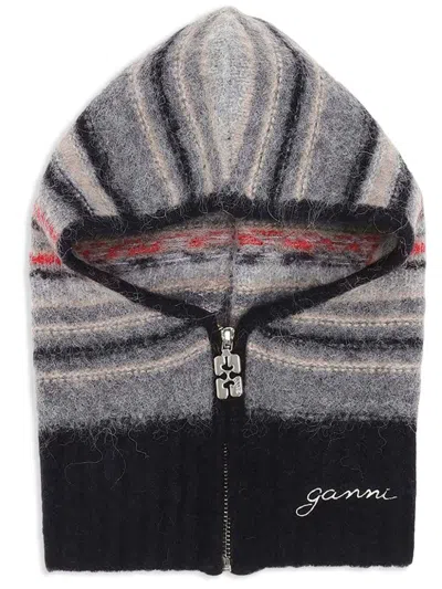 Ganni Striped Zip-up Balaclava In Grey