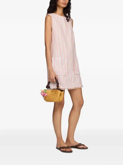 Ganni Striped-linen Frayed-edge Dress In Orange