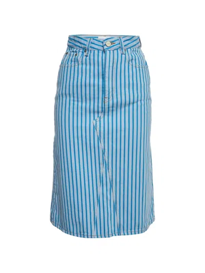 Pre-owned Ganni Stripe-print Denim Midi Skirt In Blue
