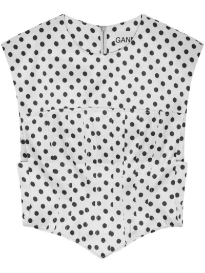 Ganni Printed Double Satin Corset Blouse Egret In White
