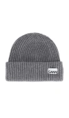 Ganni Womens Logo-patch Wool-blend Beanie Hat Paloma Melange In Gray