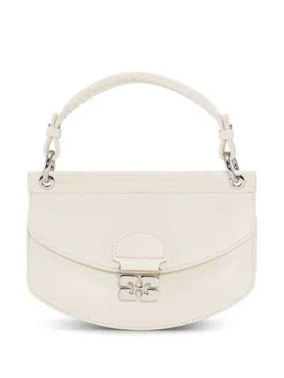Ganni Structured White Leather Handbag With Braided Handle In Neutrals