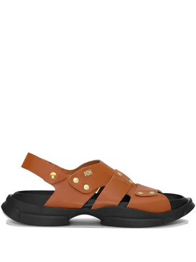Ganni Studded Flat Sandals In Brown