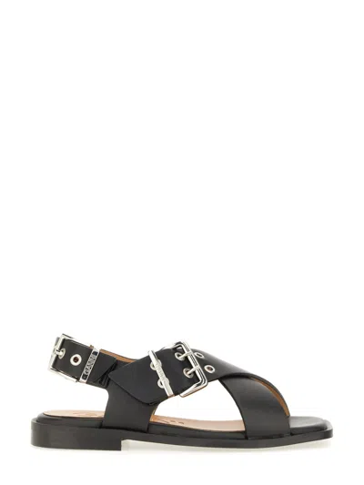 Ganni Slingback-sandalen Aus Einer Ledermischung Mit Schnalle In Schwarz