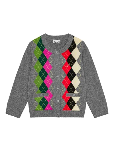 Ganni -style Merino Wool & Cashmere Check Knit Cardigan With Logo Embroidery In Grigio