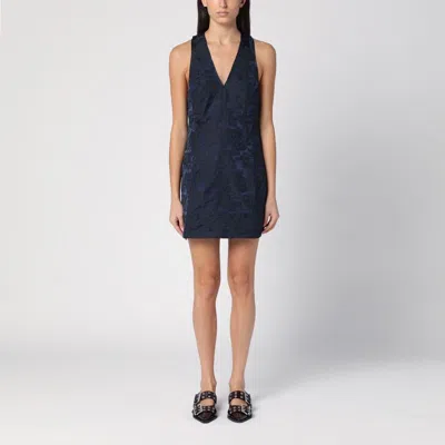 Ganni Navy Blue Botanical Jacquard Tie Strap Mini Dress