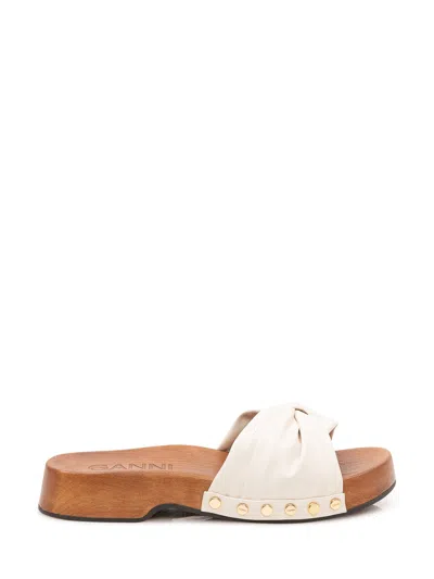Ganni Stylish Mini Platform Sandals With Bow And Studs In White