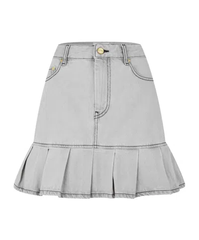 Ganni Stylish Pleated Denim Midi Skirt In Gray