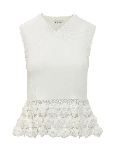 Ganni Stylish Textured Top With Floral Insert In White