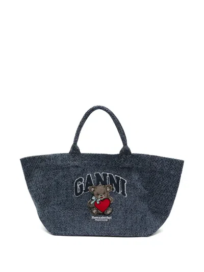 Ganni Stylish Tote Handbag With Cotton Lining And Internal Pocket In Blue