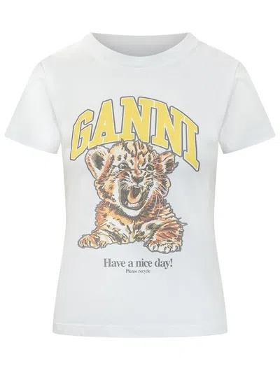 Ganni Stylish T-shirt With Unique Tiger Print In White