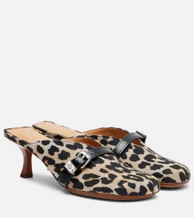 Ganni Sue Printed Denim Mules In Brown
